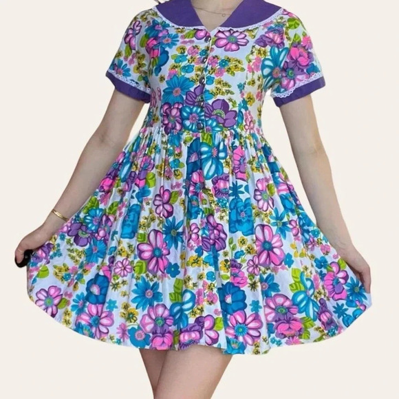 Handmade flower power vintage 60s retro mini babydoll floral dress (XXS/XS) - Picture 6 of 8